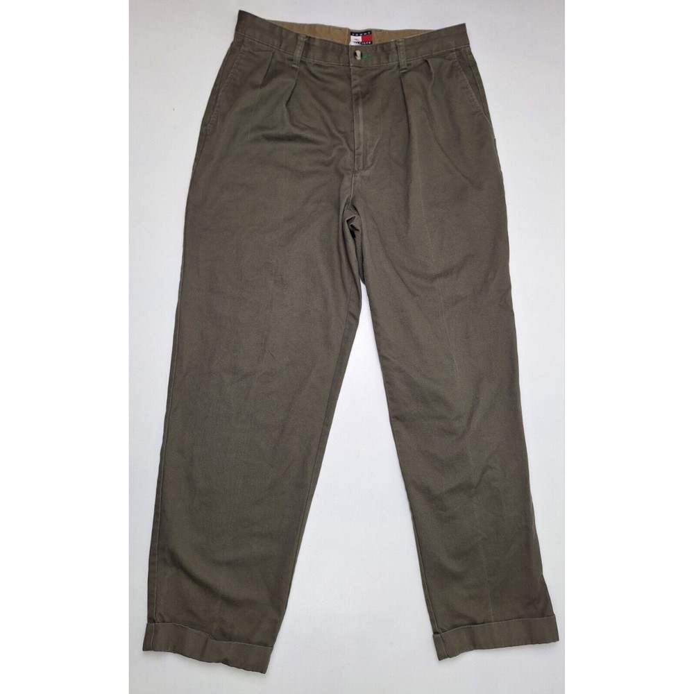Vtg TOMMY HILFIGER Crest Men's 34x31* Olive Khaki Cuffed Pleated Front Pants
